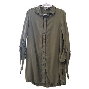 Zara Tencel Olive Button-Up Longline Shirt Dress W/ Tie Sleeve Detail S